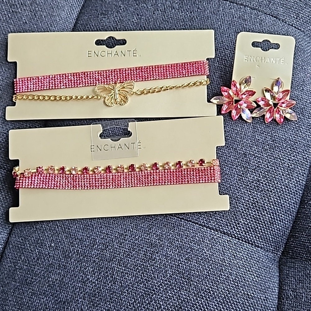 Enchante 2 Pink Gold Necklaces 1 Pair Floral Tear Drop Petal Earrings Rhinestone